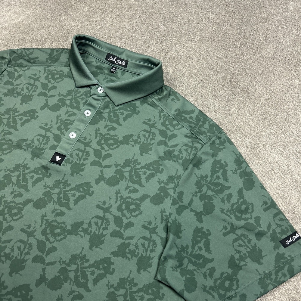 Bad Birdie Golf Polo Shirt Mens XL Green AOP Floral Camo Performance Stretch